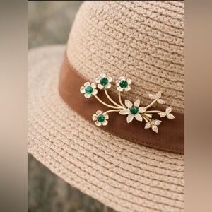 Vintage Floral Spray Brooch | Green Rhinestone Flowers & Accent Leaves